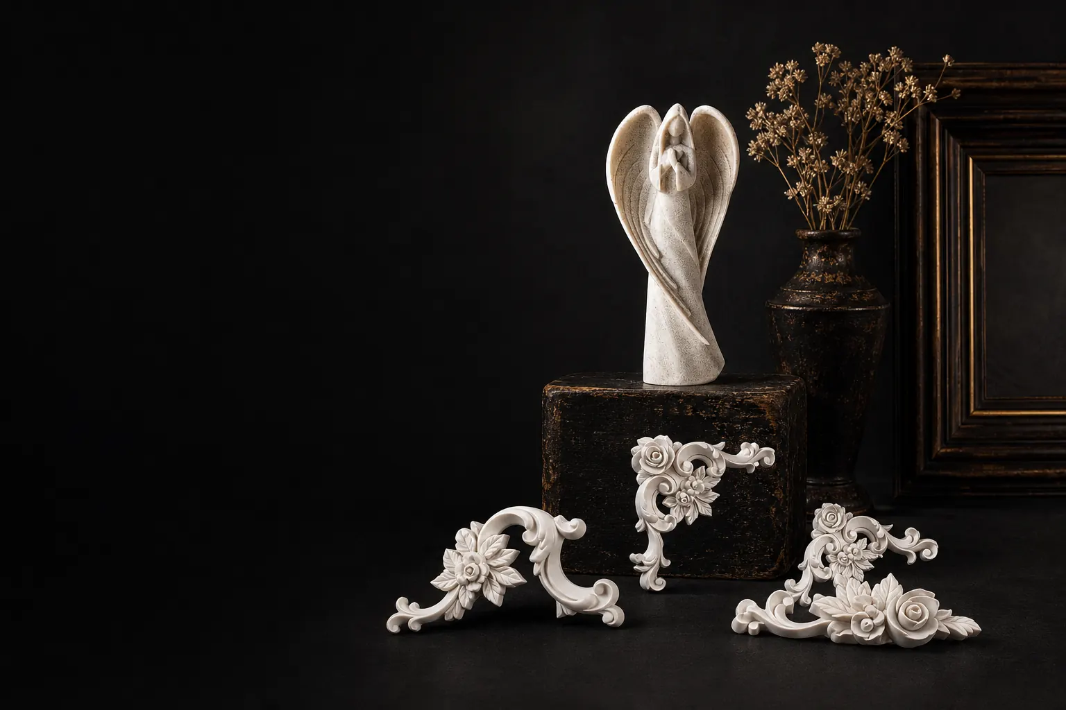 Guardian Angel sculpture in a black collector gallery